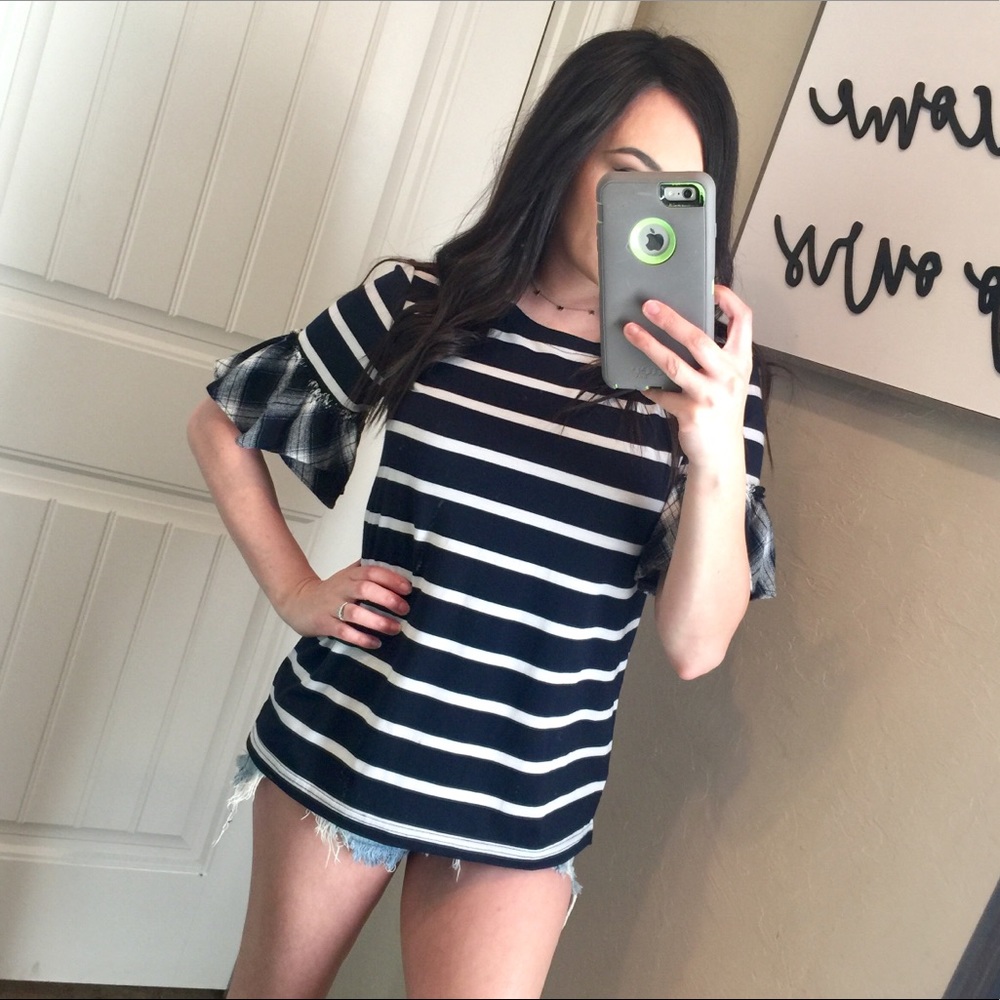 Isela Navy striped plaid ruffle sleeve blouse S